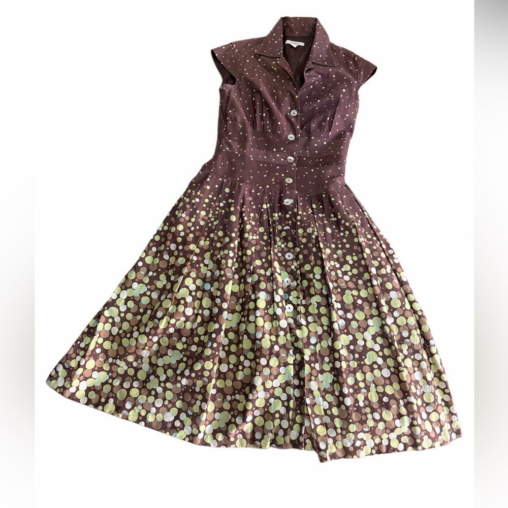 Brown maxi dress with polka dots snatched waist size 6